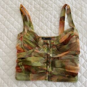 Zara Green Multi Ruched Cropped Corset Top